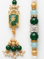 NVR Set of 2 Green Artificial Beads Traditional Bhaiya Bhabhi Rakhi with Roli Chawal | Grocsy