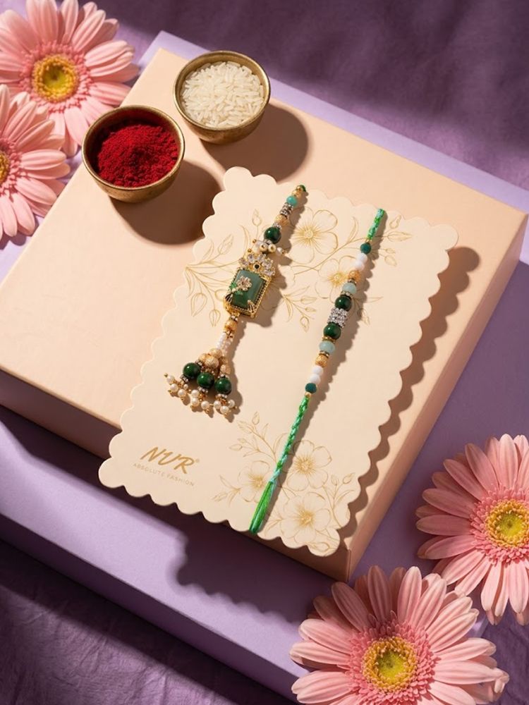 NVR Set of 2 Green Artificial Beads Traditional Bhaiya Bhabhi Rakhi with Roli Chawal | Grocsy
