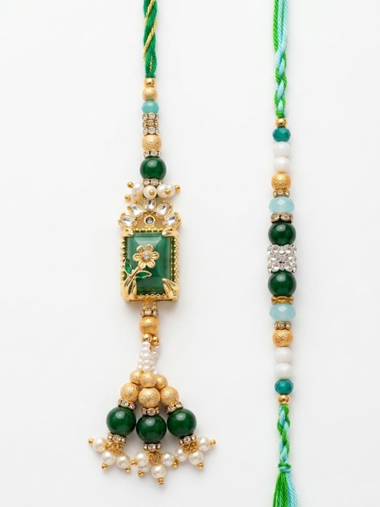 NVR Set of 2 Green Artificial Beads Traditional Bhaiya Bhabhi Rakhi with Roli Chawal | Grocsy