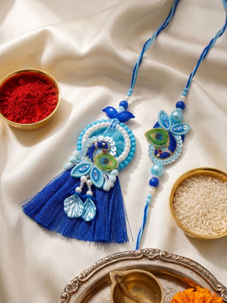 NVR Set of 2 Peacock Design Bhaiya Bhabhi Rakhi with Roli Chawal Chandan Mishri | Grocsy