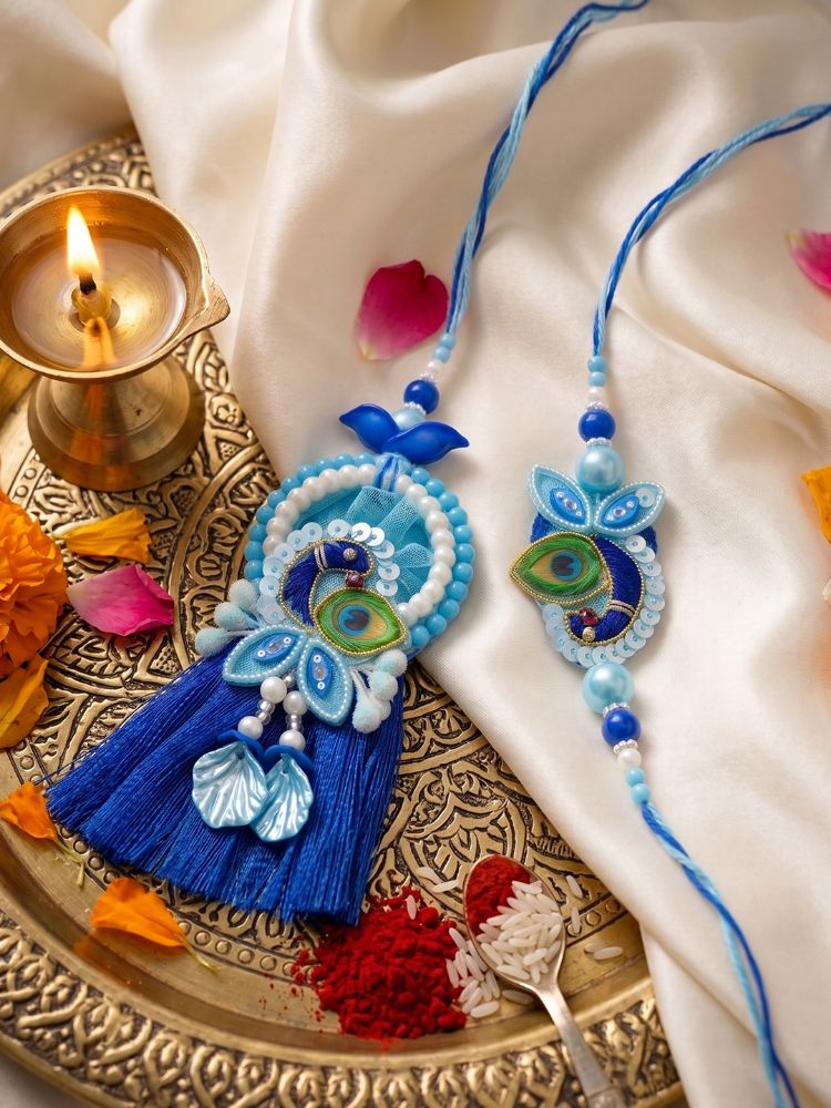 NVR Set of 2 Peacock Design Bhaiya Bhabhi Rakhi with Roli Chawal Chandan Mishri | Grocsy