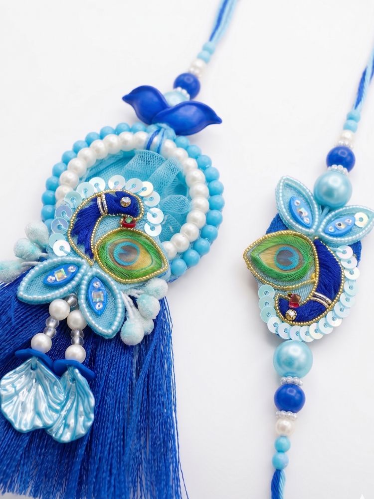 NVR Set of 2 Peacock Design Bhaiya Bhabhi Rakhi with Roli Chawal Chandan Mishri | Grocsy