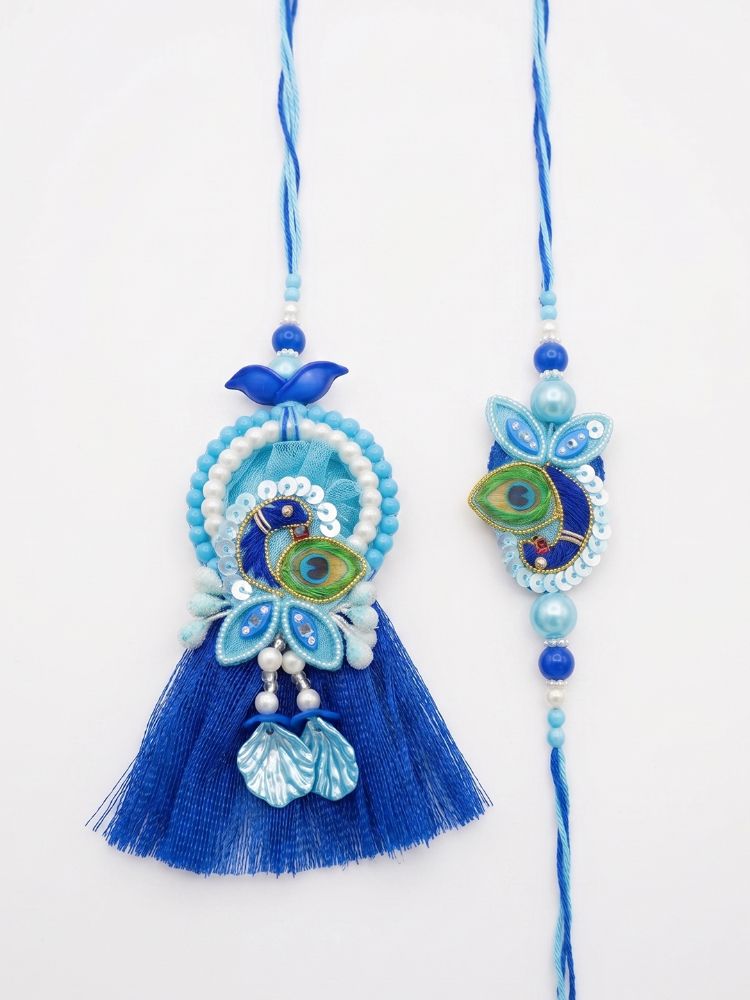 NVR Set of 2 Peacock Design Bhaiya Bhabhi Rakhi with Roli Chawal Chandan Mishri | Grocsy
