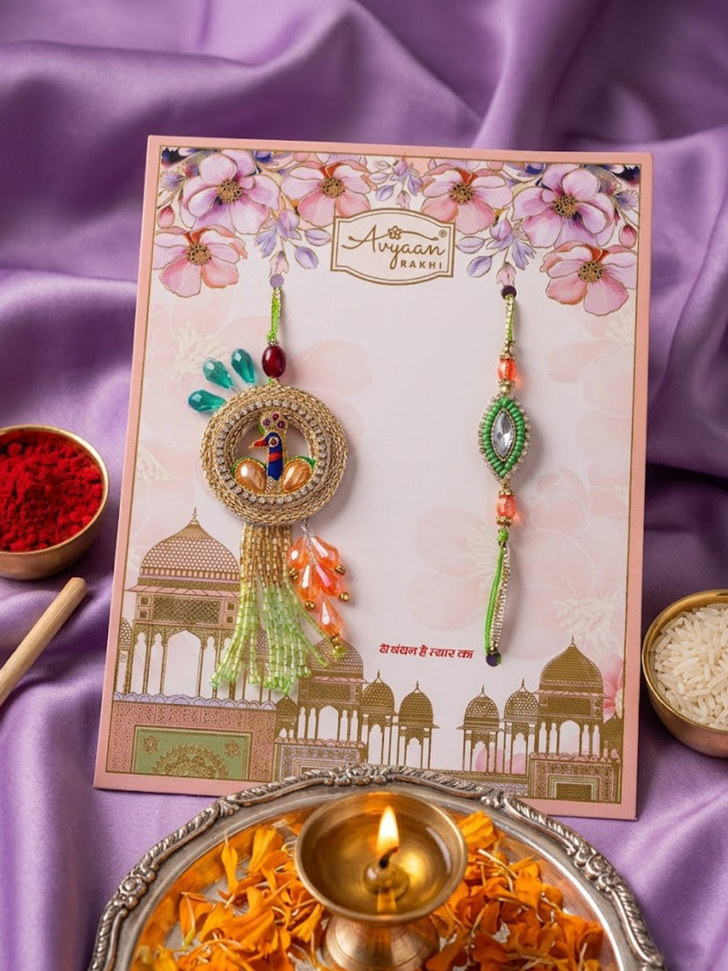 NVR Set of 2 Artificial Stones Designer Bhaiya Bhabhi Rakhi with Roli Chawal Chandan | Grocsy