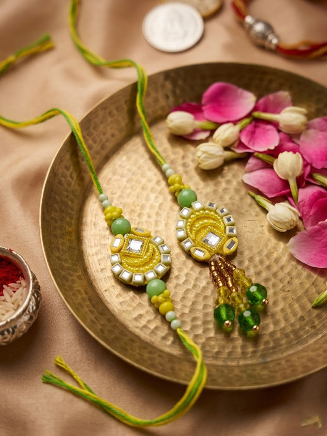NVR Set of 2 Artificial Beads Mirror Work Bhaiya Bhabhi Rakhi With Roli Chawal Chandan | Grocsy