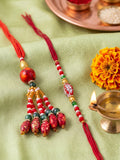 NVR Set of 2 Designer Red Artificial Beads Bhaiya Bhabhi Rakhi with Roli Chawal Chandan | Grocsy