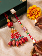 NVR Set of 2 Designer Red Artificial Beads Bhaiya Bhabhi Rakhi with Roli Chawal Chandan | Grocsy
