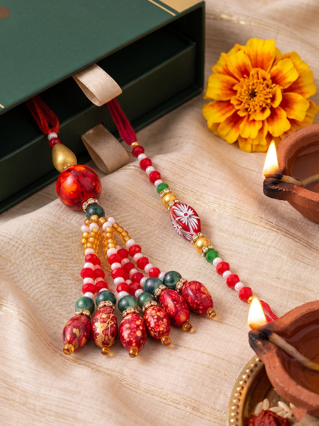 NVR Set of 2 Designer Red Artificial Beads Bhaiya Bhabhi Rakhi with Roli Chawal Chandan | Grocsy