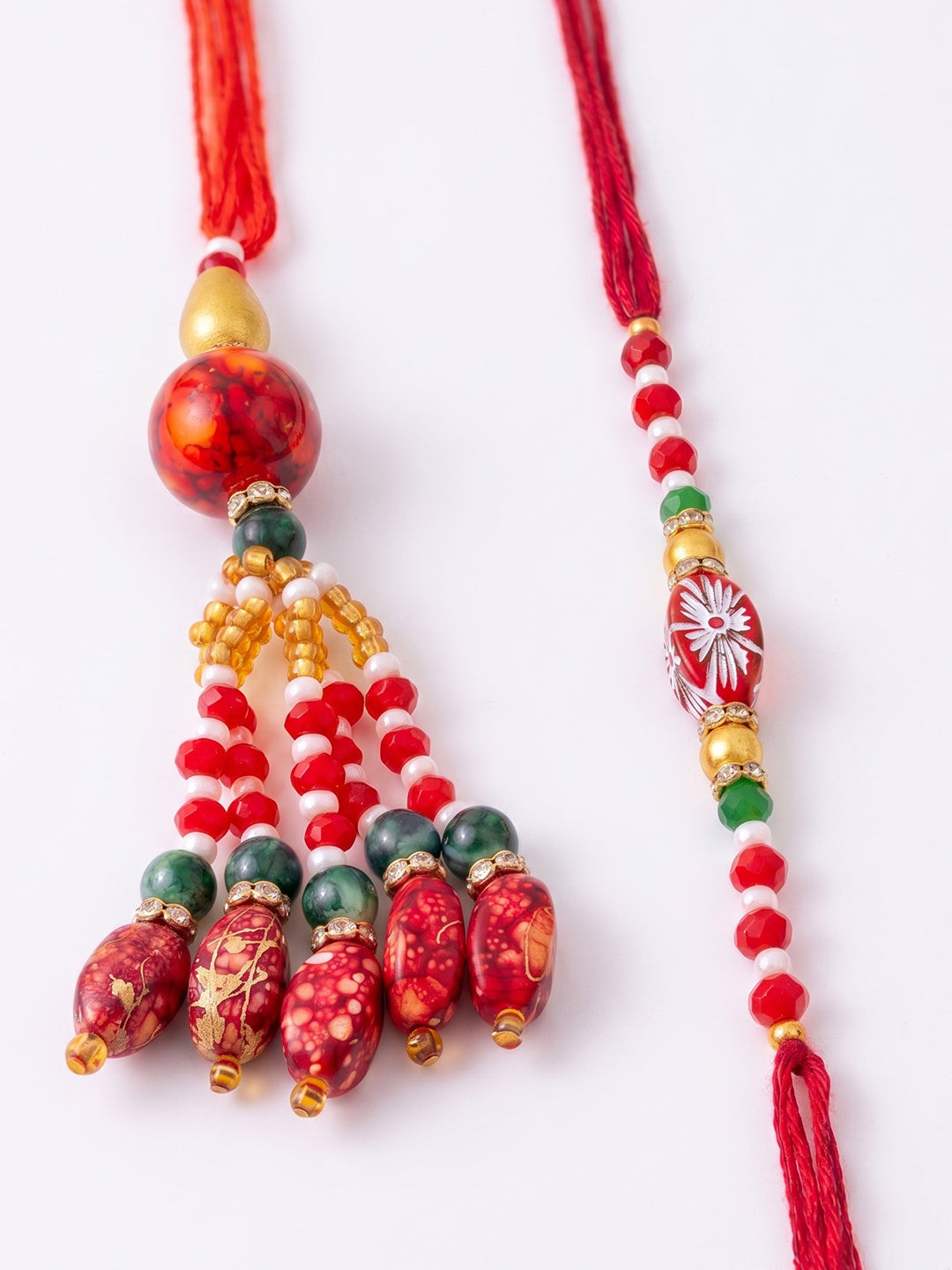 NVR Set of 2 Designer Red Artificial Beads Bhaiya Bhabhi Rakhi with Roli Chawal Chandan | Grocsy