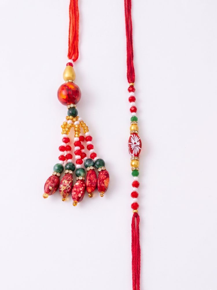 NVR Set of 2 Designer Red Artificial Beads Bhaiya Bhabhi Rakhi with Roli Chawal Chandan | Grocsy