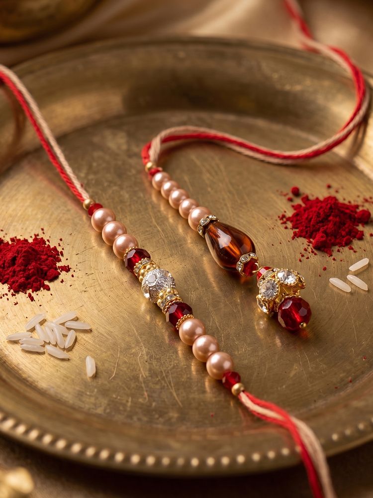 NVR Set of 2 Multicolor Artificial Stones & Beads Bhaiya Bhabhi Rakhi With Roli Chawal | Grocsy