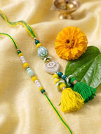 NVR Set of 2 Green & Yellow Beaded Heart Shape Bhaiya Bhabhi Rakhi with Roli Chawal | Grocsy
