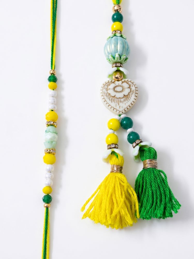 NVR Set of 2 Green & Yellow Beaded Heart Shape Bhaiya Bhabhi Rakhi with Roli Chawal | Grocsy