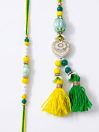 NVR Set of 2 Green & Yellow Beaded Heart Shape Bhaiya Bhabhi Rakhi with Roli Chawal | Grocsy
