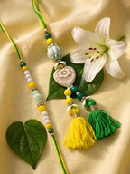 NVR Set of 2 Green & Yellow Beaded Heart Shape Bhaiya Bhabhi Rakhi with Roli Chawal | Grocsy