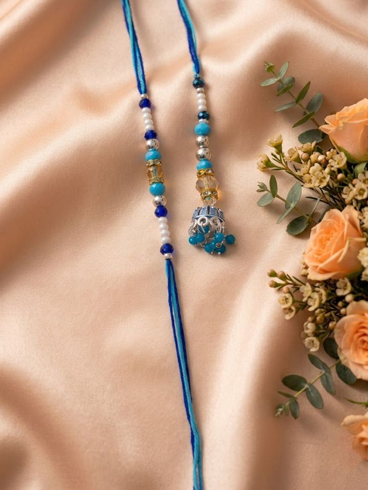 NVR Set of 2 Blue Artificial Beads Jhumka Design Bhaiya Bhabhi Rakhi with Roli Chawal | Grocsy