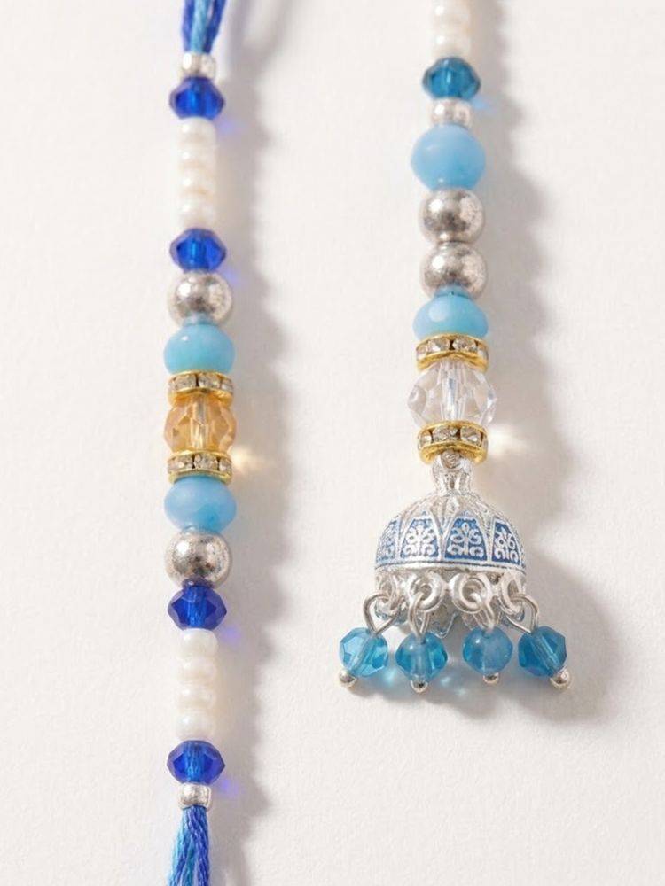 NVR Set of 2 Blue Artificial Beads Jhumka Design Bhaiya Bhabhi Rakhi with Roli Chawal | Grocsy