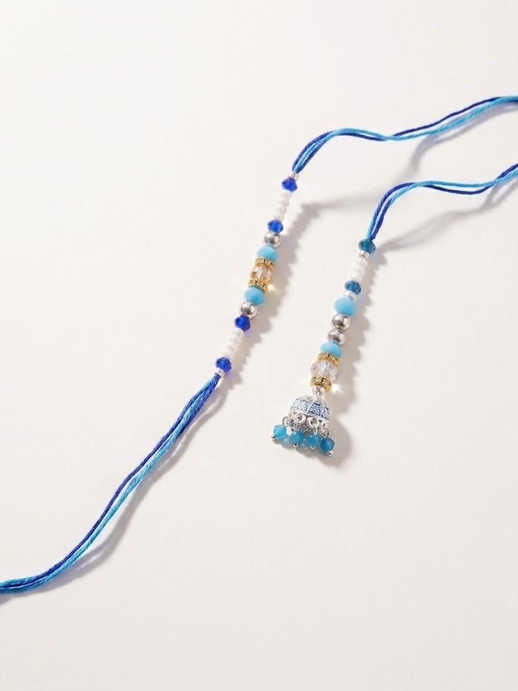 NVR Set of 2 Blue Artificial Beads Jhumka Design Bhaiya Bhabhi Rakhi with Roli Chawal | Grocsy