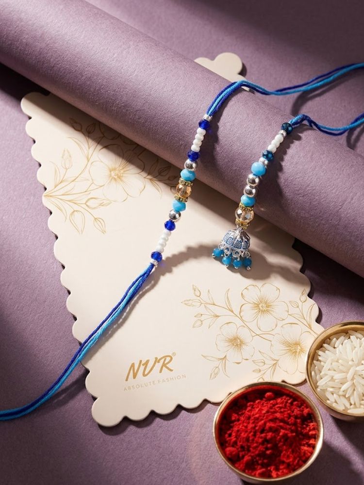 NVR Set of 2 Blue Artificial Beads Jhumka Design Bhaiya Bhabhi Rakhi with Roli Chawal | Grocsy