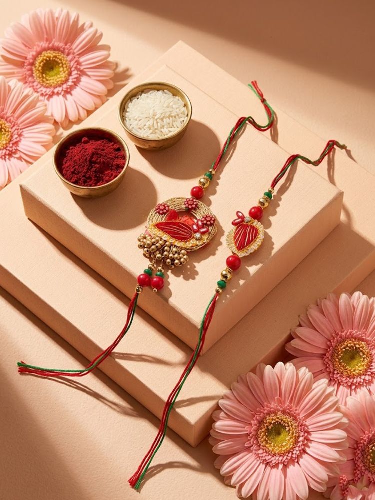 NVR Set of 2 Artificial Beads Bhaiya Bhabhi Rakhi with Roli Chawal Chandan Mishri | Grocsy