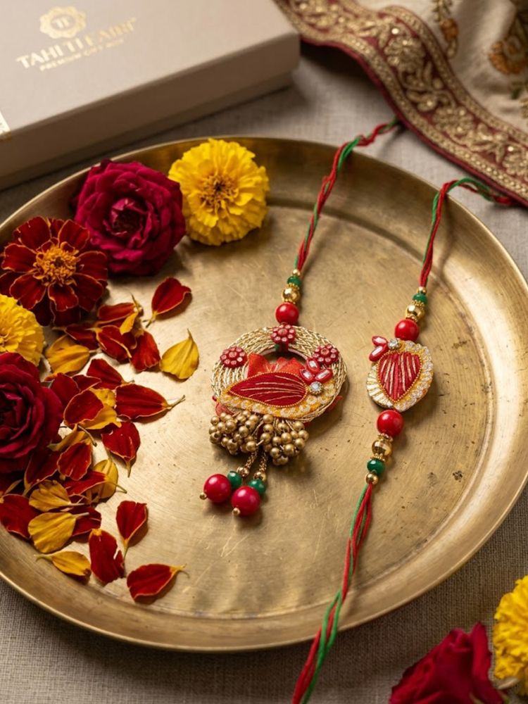 NVR Set of 2 Artificial Beads Bhaiya Bhabhi Rakhi with Roli Chawal Chandan Mishri | Grocsy