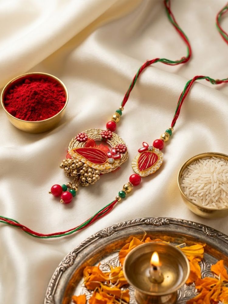 NVR Set of 2 Artificial Beads Bhaiya Bhabhi Rakhi with Roli Chawal Chandan Mishri | Grocsy