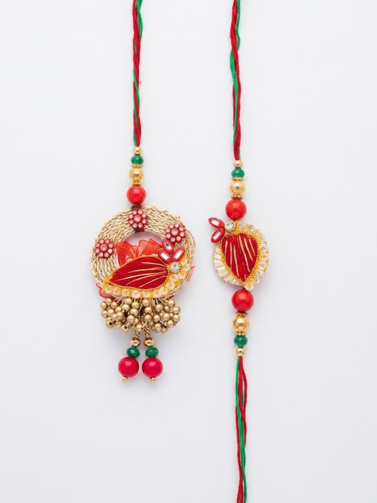 NVR Set of 2 Artificial Beads Bhaiya Bhabhi Rakhi with Roli Chawal Chandan Mishri | Grocsy
