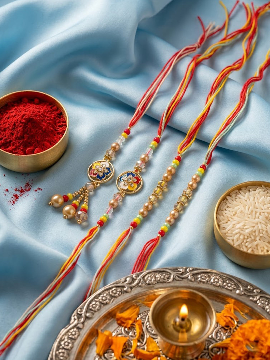 NVR Set of 4 Artificial Beads Family Pack Thread Rakhi with Roli Chawal Chandan Mishri | Grocsy