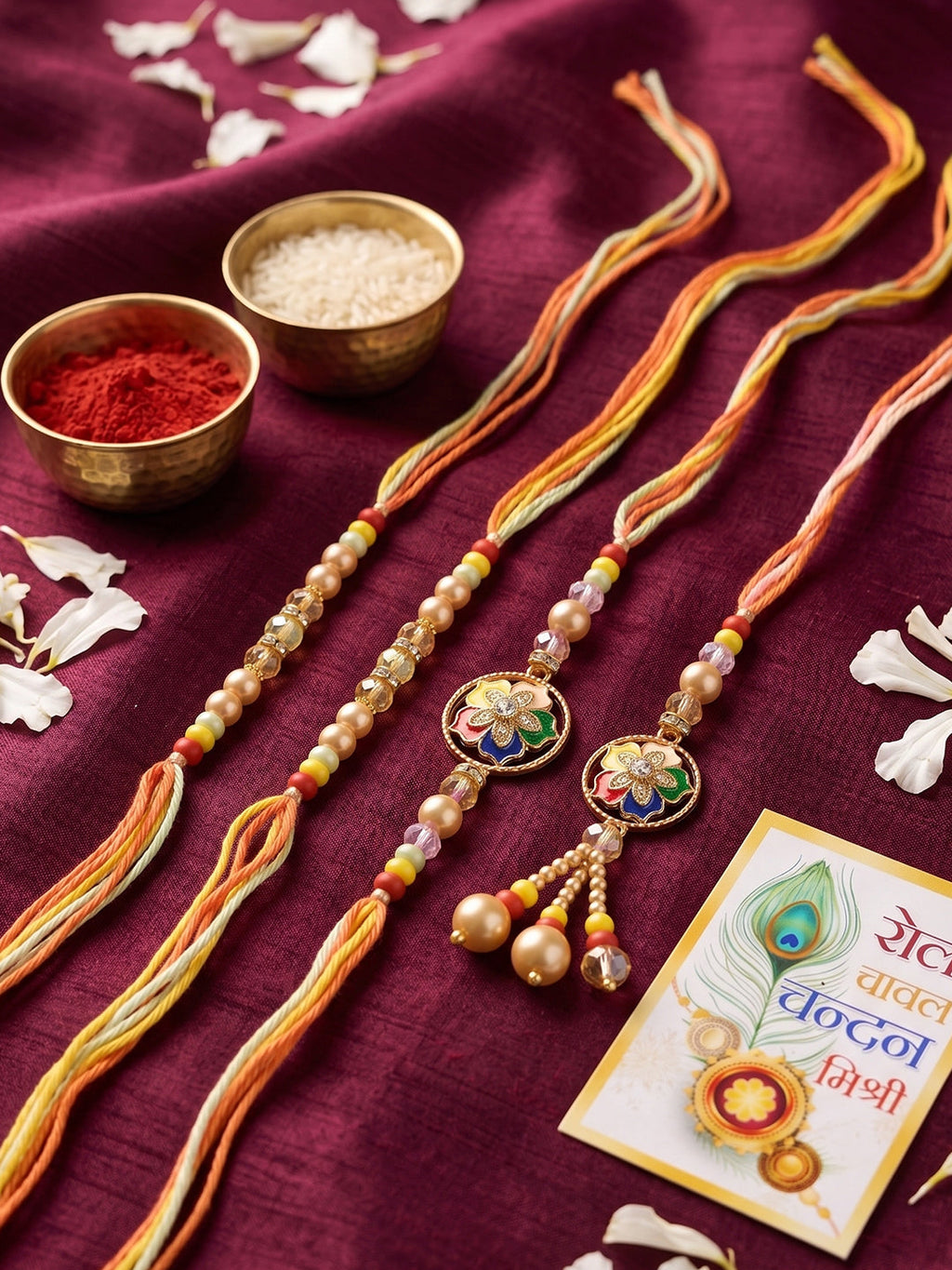 NVR Set of 4 Artificial Beads Family Pack Thread Rakhi with Roli Chawal Chandan Mishri | Grocsy