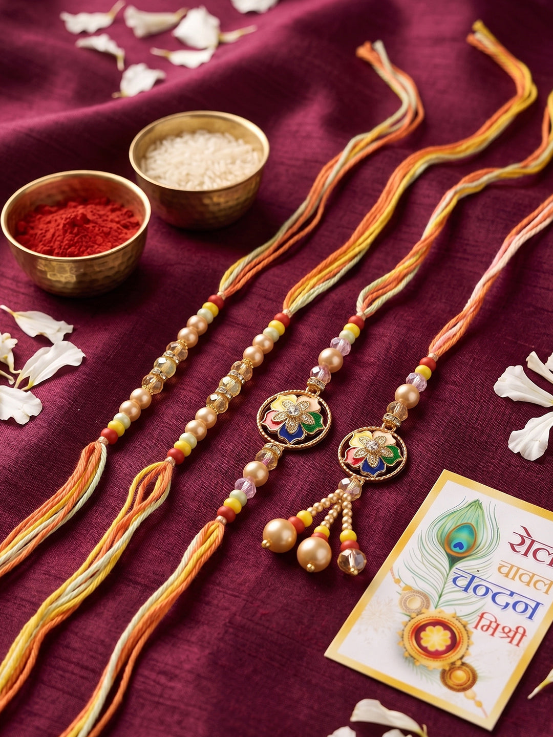 NVR Set of 4 Artificial Beads Family Pack Thread Rakhi with Roli Chawal Chandan Mishri | Grocsy