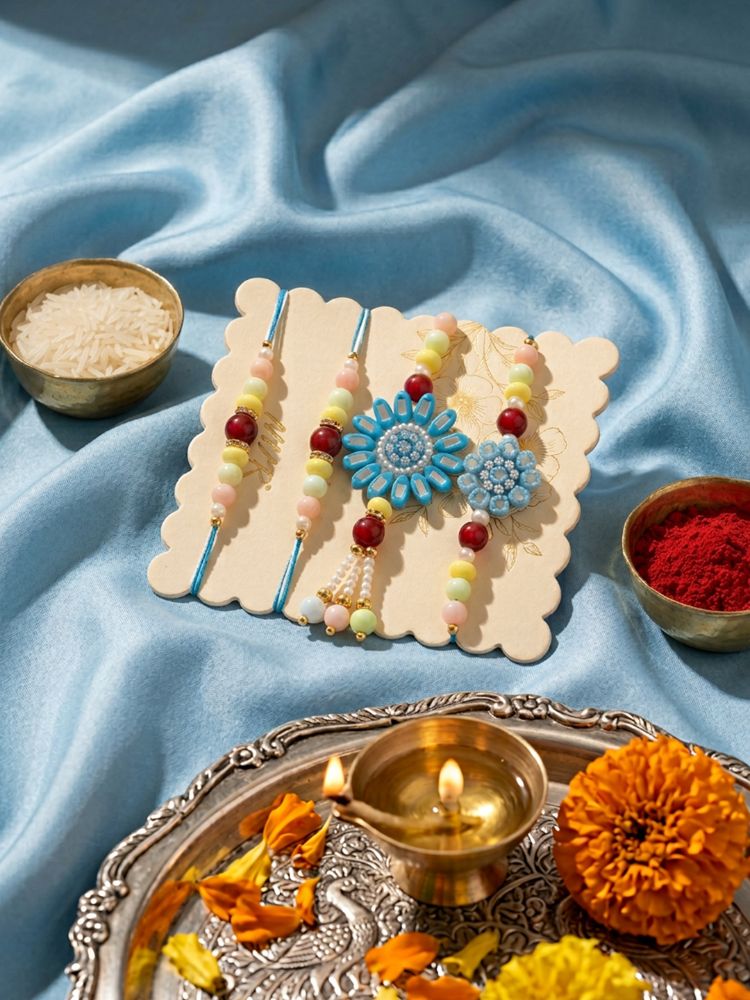 NVR Set of 4 Family Pack Beaded Thread Rakhi with Roli Chawal Chandan Mishri | Grocsy