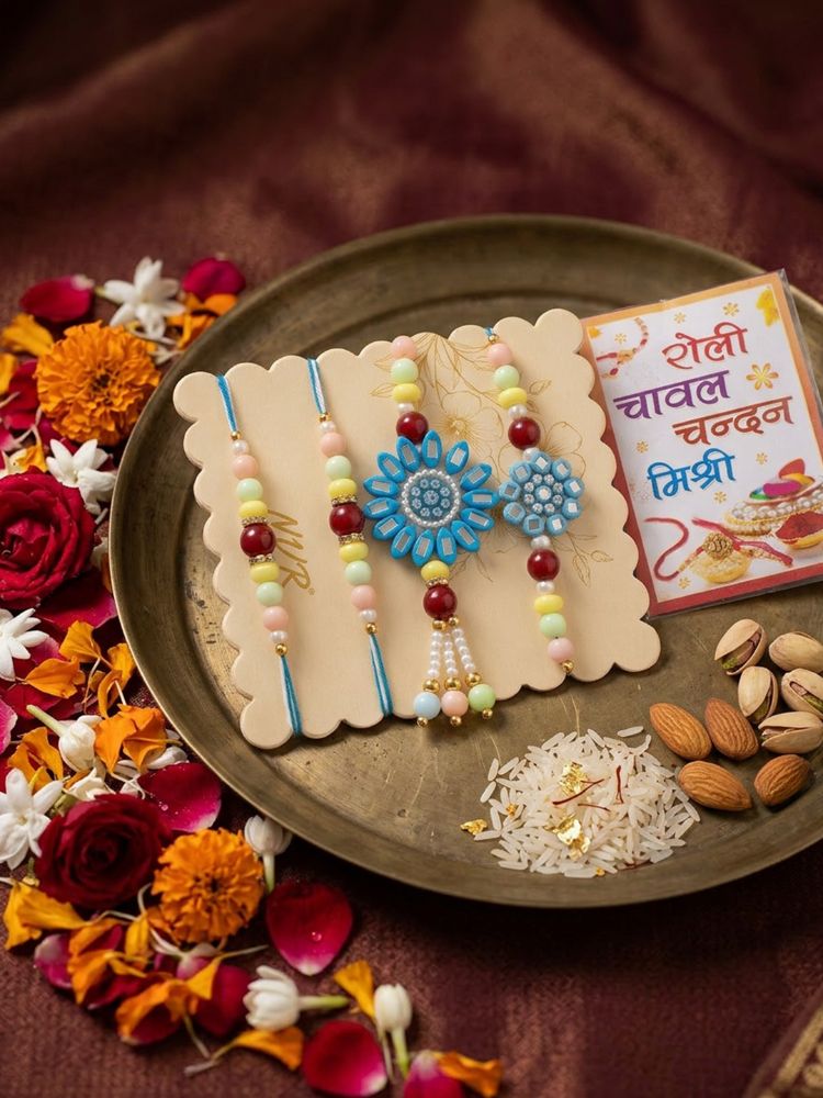 NVR Set of 4 Family Pack Beaded Thread Rakhi with Roli Chawal Chandan Mishri | Grocsy