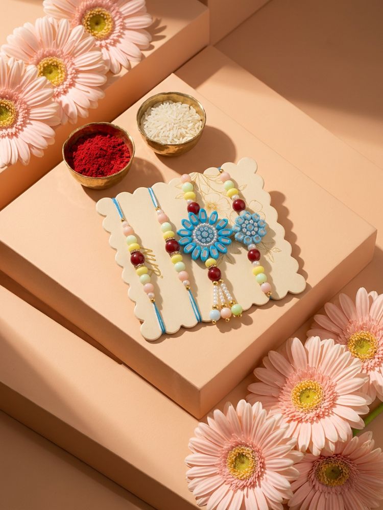 NVR Set of 4 Family Pack Beaded Thread Rakhi with Roli Chawal Chandan Mishri | Grocsy