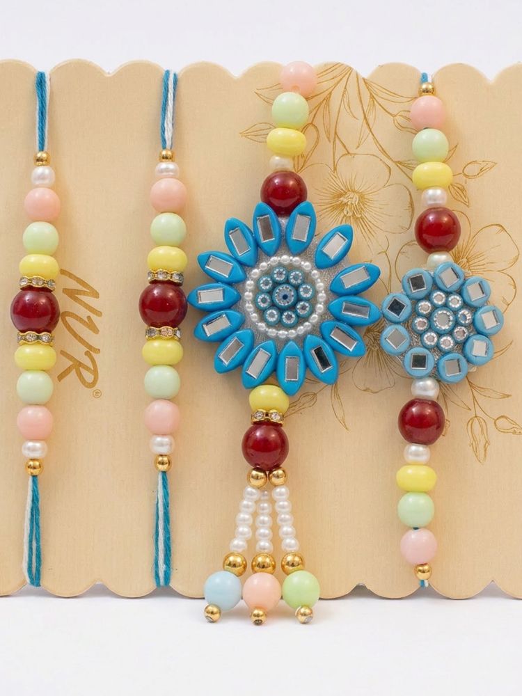 NVR Set of 4 Family Pack Beaded Thread Rakhi with Roli Chawal Chandan Mishri | Grocsy