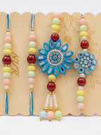 NVR Set of 4 Family Pack Beaded Thread Rakhi with Roli Chawal Chandan Mishri | Grocsy