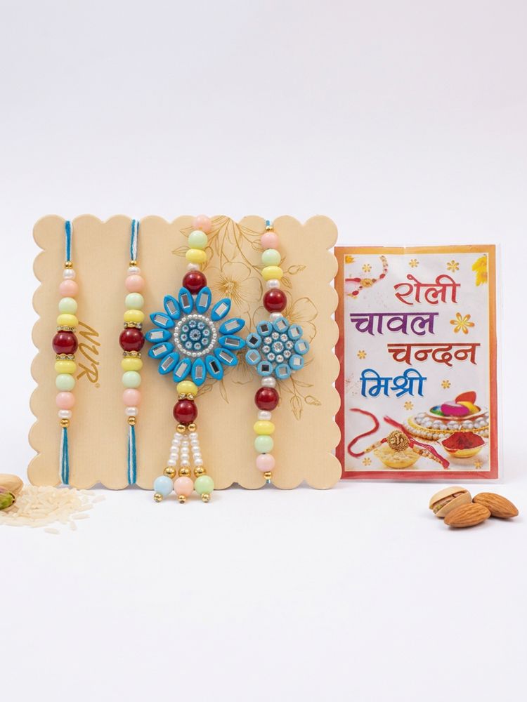 NVR Set of 4 Family Pack Beaded Thread Rakhi with Roli Chawal Chandan Mishri | Grocsy