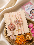 NVR Set of 4 Beaded Family Pack Thread Rakhi with Roli Chawal Chandan Mishri | Grocsy