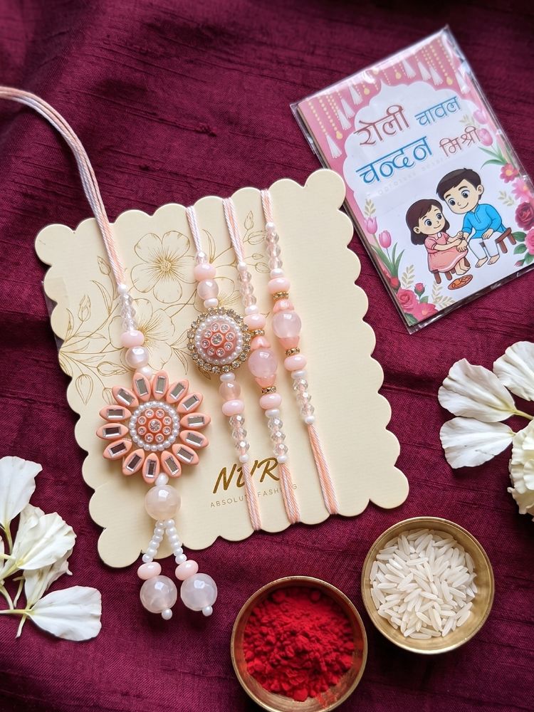NVR Set of 4 Beaded Family Pack Thread Rakhi with Roli Chawal Chandan Mishri | Grocsy