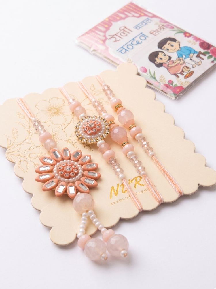 NVR Set of 4 Beaded Family Pack Thread Rakhi with Roli Chawal Chandan Mishri | Grocsy