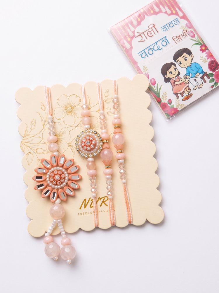 NVR Set of 4 Beaded Family Pack Thread Rakhi with Roli Chawal Chandan Mishri | Grocsy