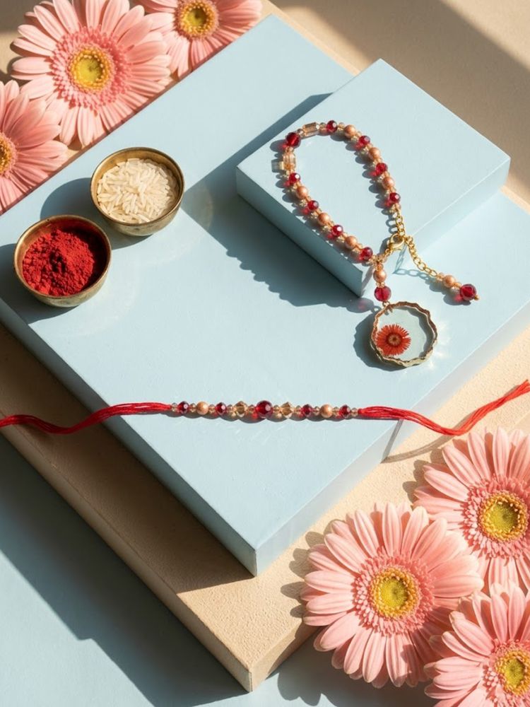 NVR Set of 2 Gold Toned Red Artificial Beads Bhaiya Bhabhi Rakhi With Roli Chawal Chandan | Grocsy