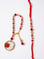 NVR Set of 2 Gold Toned Red Artificial Beads Bhaiya Bhabhi Rakhi With Roli Chawal Chandan | Grocsy