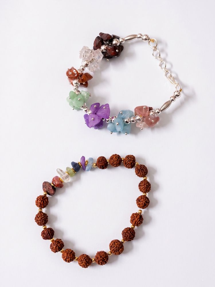 NVR Set of 2 Rudraksh & Seven Chakra Chip Bracelet Rakhi with Roli Chawal Chandan Mishri | Grocsy