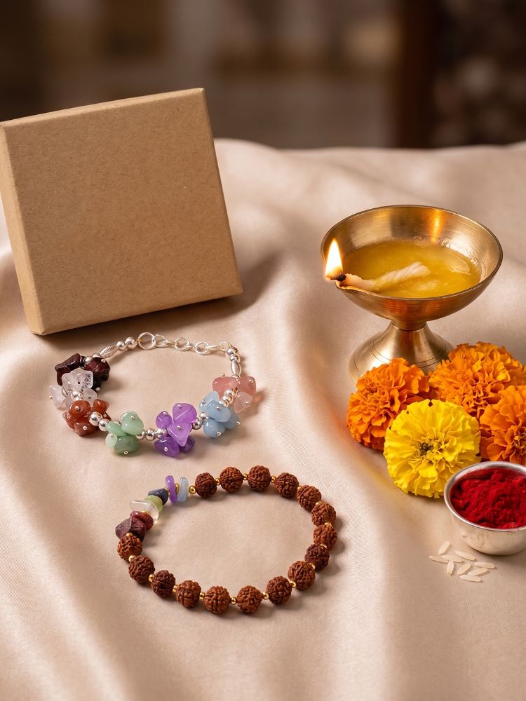 NVR Set of 2 Rudraksh & Seven Chakra Chip Bracelet Rakhi with Roli Chawal Chandan Mishri | Grocsy