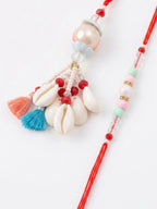 NVR Set of 2 Multicolor Artificial Beads & Sea Shell Bhaiya Bhabhi Rakhi with Roli Chawal | Grocsy