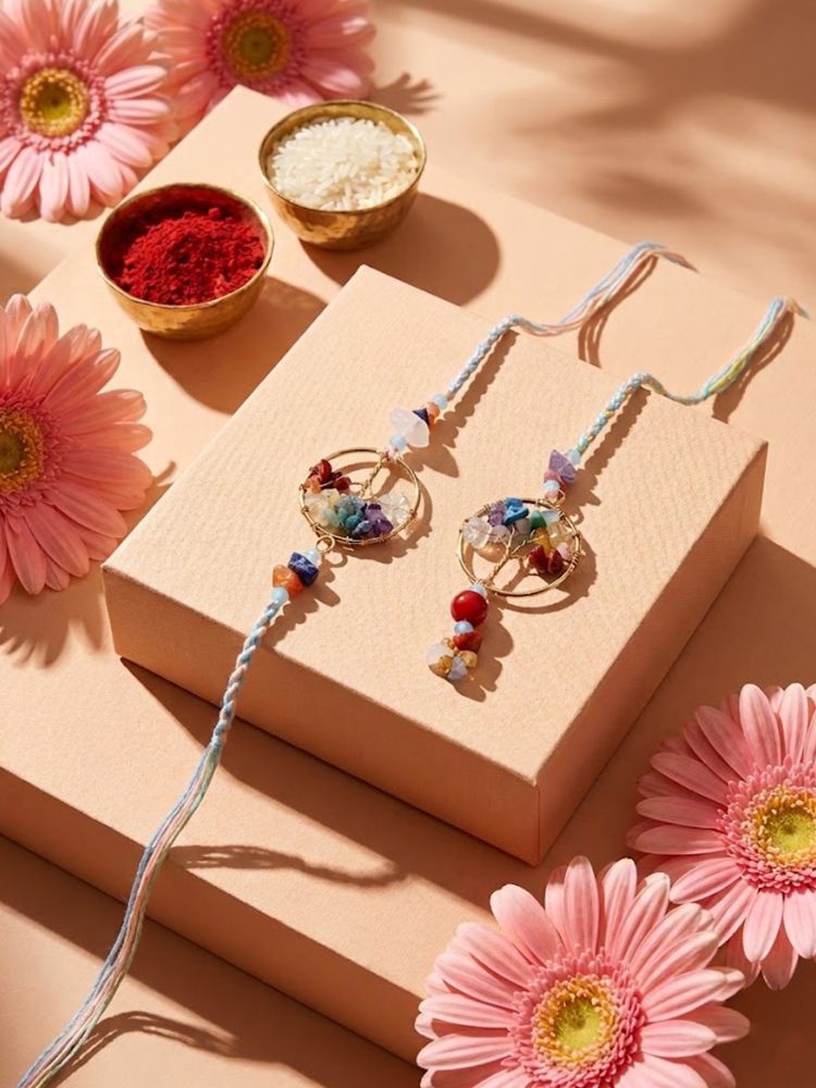 NVR Set of 2 Artificial Stones Bhaiya Bhabhi Rakhi with Roli Chawal Chandan Mishri | Grocsy
