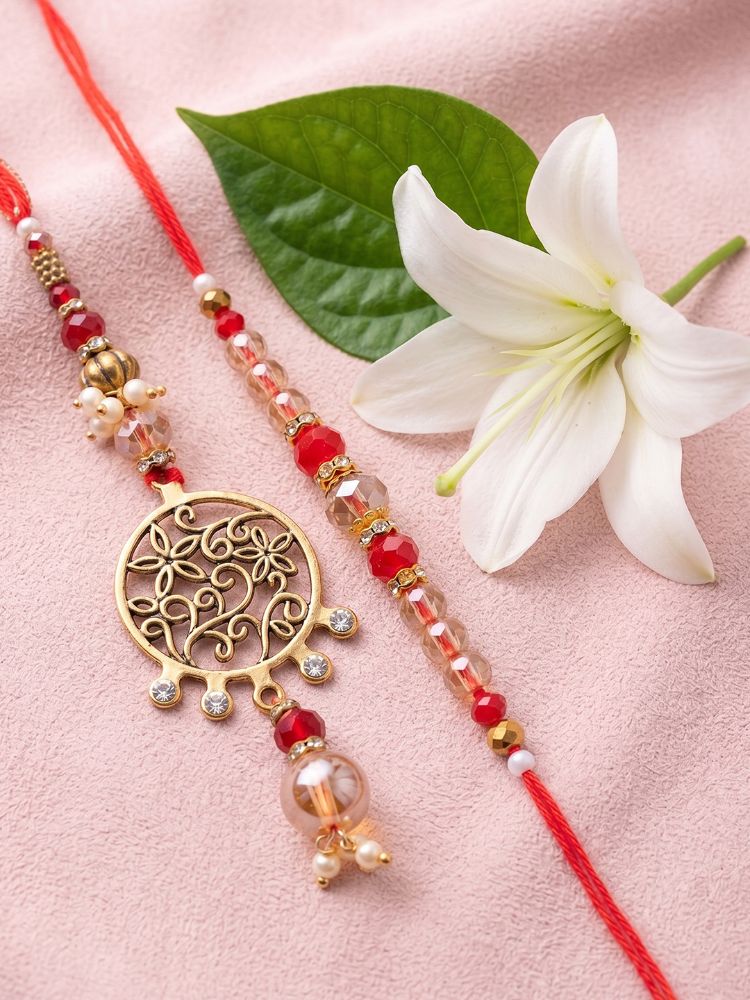 NVR Set of 2 Gold Toned Artificial Stones & Beads Bhaiya Bhabhi Rakhi with Roli Chawal | Grocsy