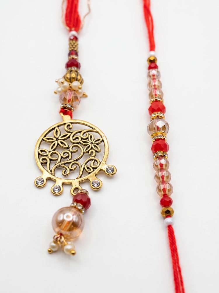 NVR Set of 2 Gold Toned Artificial Stones & Beads Bhaiya Bhabhi Rakhi with Roli Chawal | Grocsy