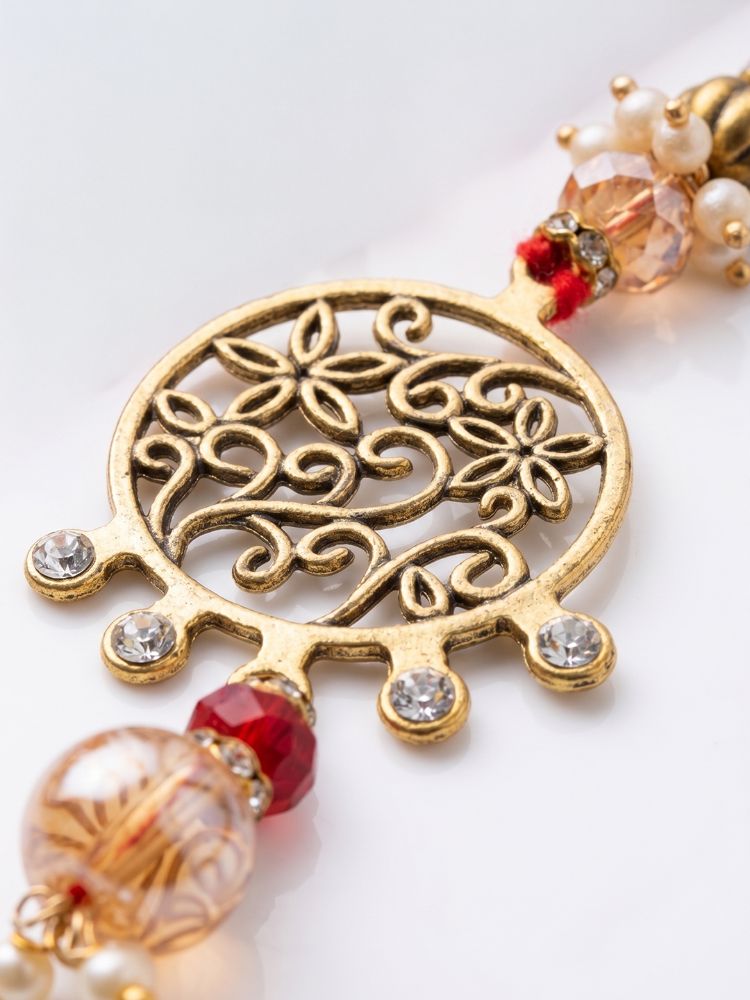 NVR Set of 2 Gold Toned Artificial Stones & Beads Bhaiya Bhabhi Rakhi with Roli Chawal | Grocsy