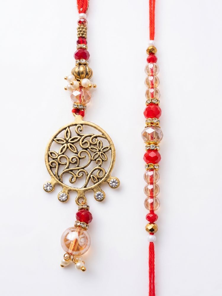 NVR Set of 2 Gold Toned Artificial Stones & Beads Bhaiya Bhabhi Rakhi with Roli Chawal | Grocsy